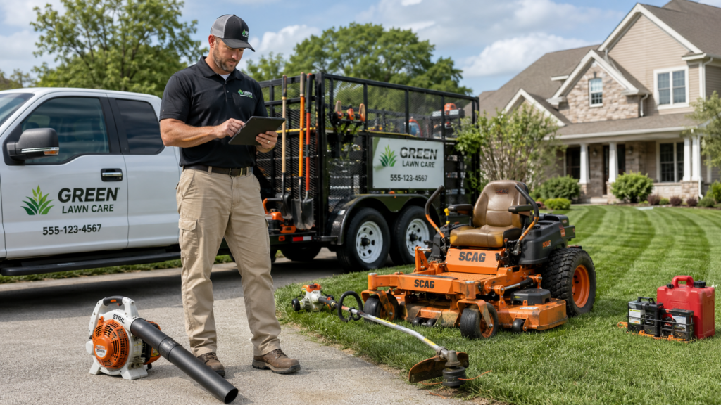 How much can a lawn care business make? Professional lawn care contractor reviewing business income after completing a residential mowing job.