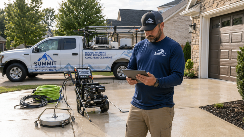 How much can a pressure washing business make? Professional contractor reviewing business income after completing a residential pressure washing job.