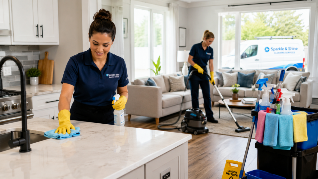 Professional house cleaner estimating and pricing a residential house cleaning job
