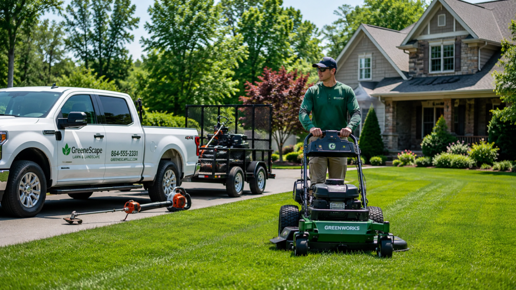 Professional contractor learning how to price lawn mowing jobs while mowing a residential yard