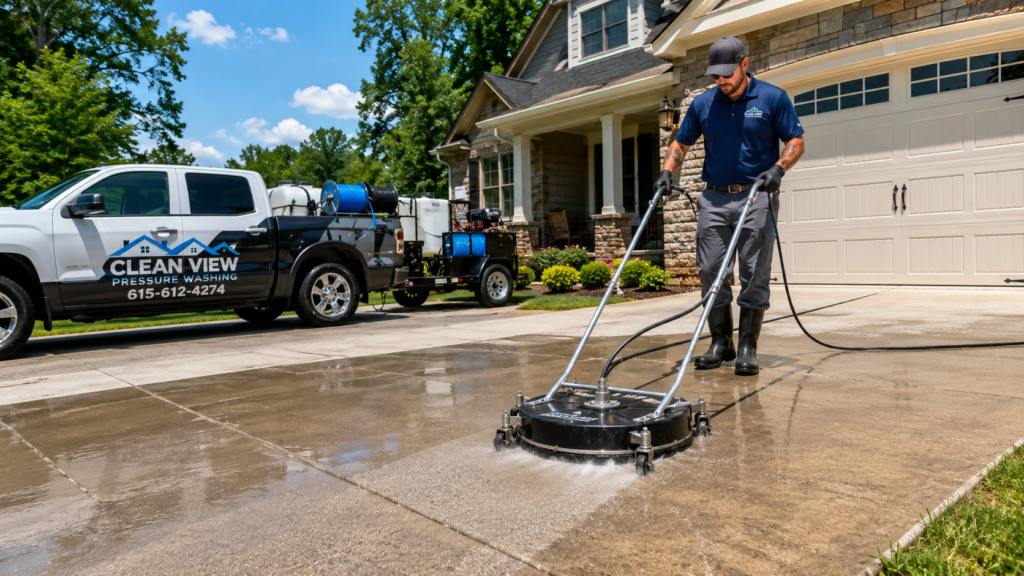 Contractor learning how to price pressure washing jobs while cleaning a residential driveway