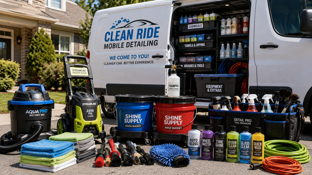 Mobile detailing equipment checklist for beginners with pressure washer, vacuum, microfiber towels, brushes, buckets, and detailing supplies.