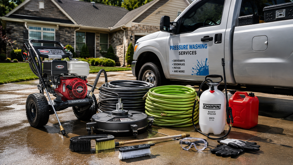 Pressure washing equipment checklist for beginners with gas pressure washer, surface cleaner, hoses, sprayer, and cleaning supplies.