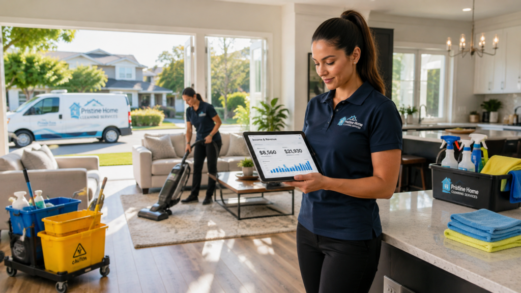 How much can a house cleaning business make? Professional house cleaning business owner reviewing business income after completing a residential cleaning job.