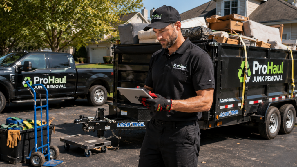 How much can a junk removal business make? Professional junk removal business owner reviewing business income after completing a residential cleanout job.